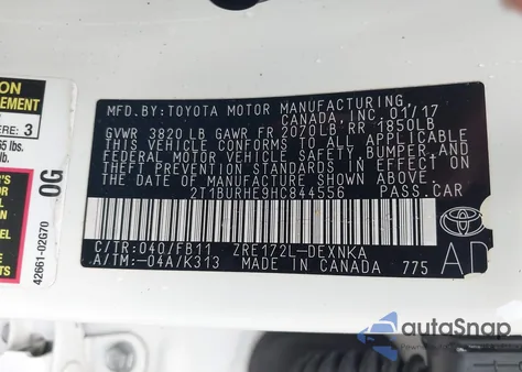 2017 Toyota Corolla Le из США, поврежденный, VIN 2T1BURHE9HC844556